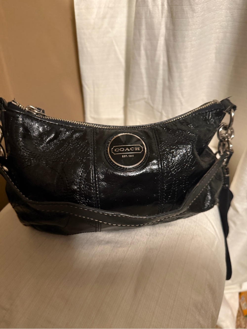 Coach Black Patent Leather Hobo Shoulder Bag with Silver Hardware